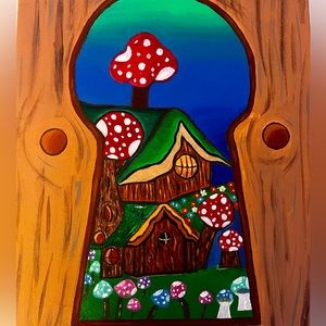A hand painted mushroom house, entirely done with oil paints